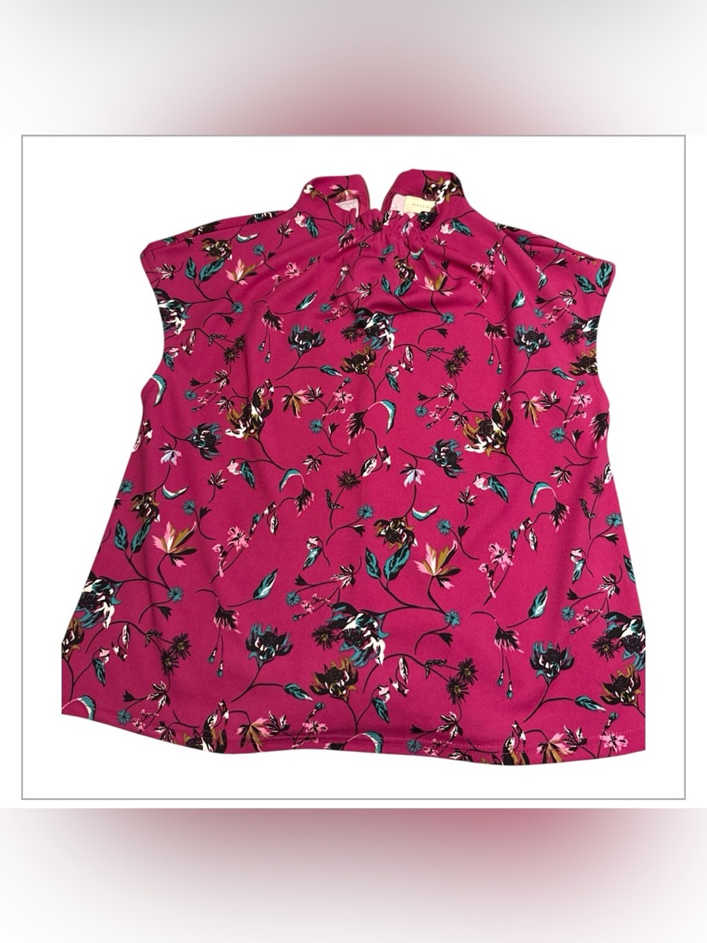 MELLODAY Floral Mock Neck Sleeveless Top - Magenta with Teal Accents